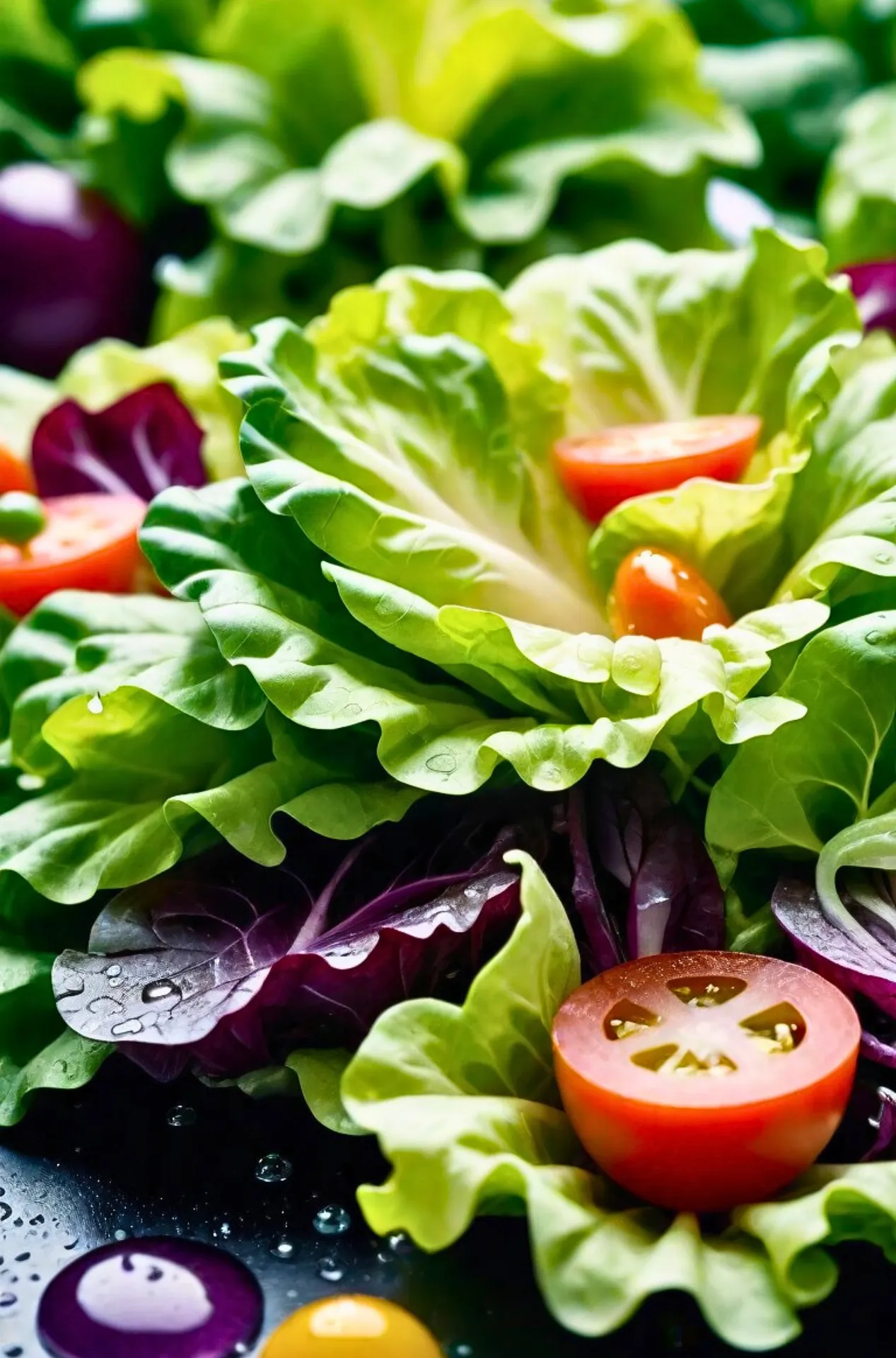 Een frisse vegan salade met bladgroenten en tomaat als lichte, vezelrijke maaltijd.