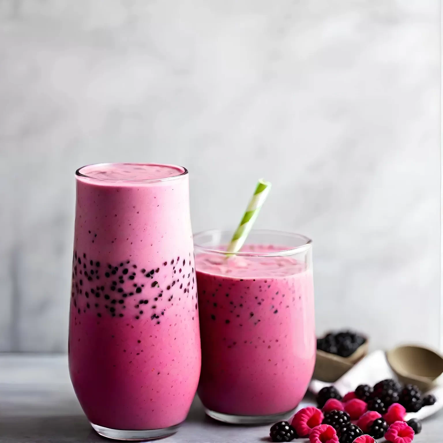 Een frisse roze smoothie met bessen en zaden, ideaal als vezelrijke drank of tussendoortje.