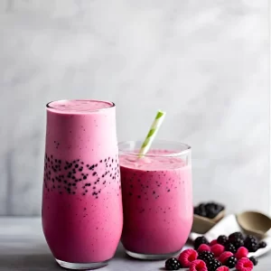 Een frisse roze smoothie met bessen en zaden, ideaal als vezelrijke drank of tussendoortje.