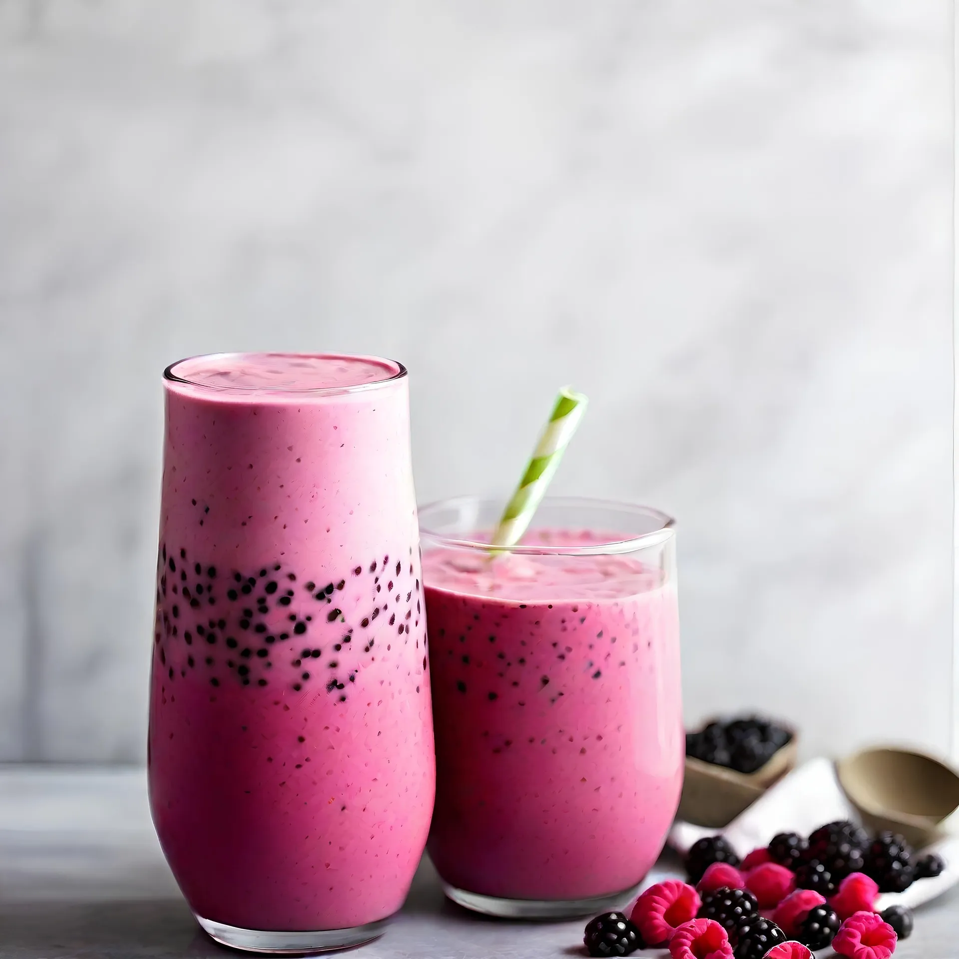 Een frisse roze smoothie met bessen en zaden, ideaal als vezelrijke drank of tussendoortje.